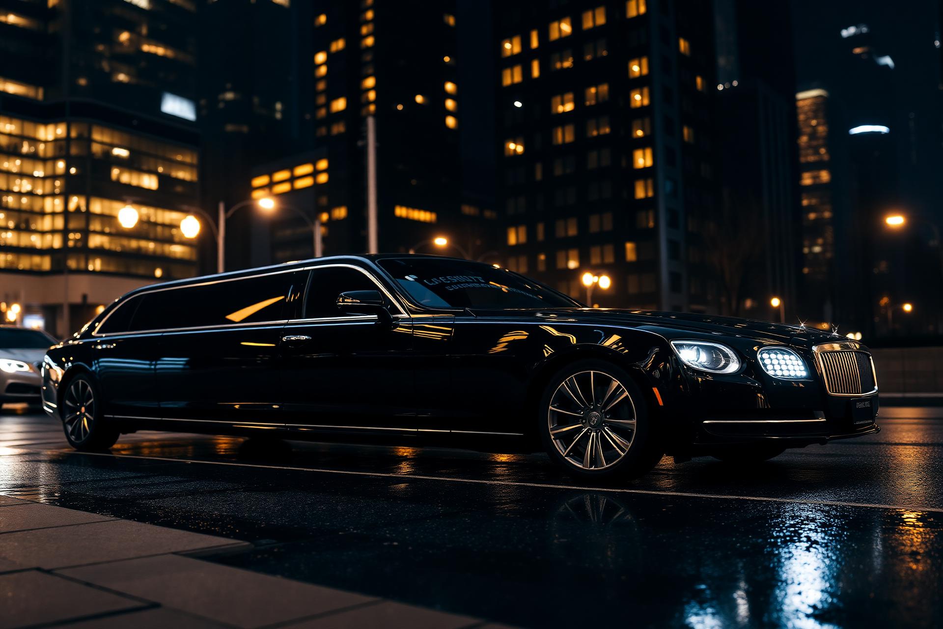 Black luxury limousine on a rain-slick city street at night — Limozoft chauffeur software